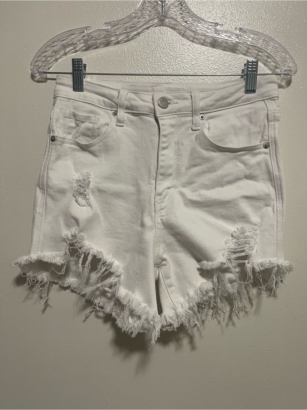 High-Rise White Distressed Frayed Hem Denim Shorts